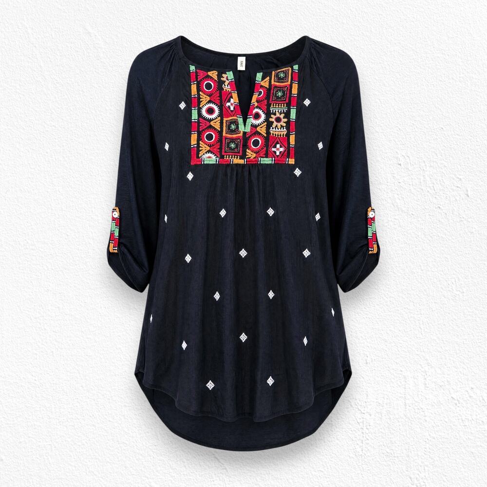 Anthropologie TINY Black Silk Cotton Embroidered Boho Tunic Top Size Medium